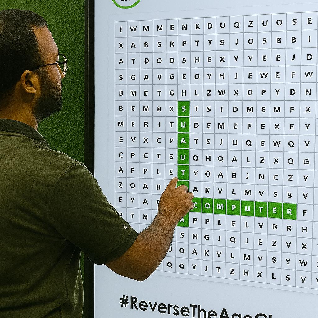 Guest playing interactive word search game at corporate event in Dubai, with branded screen, vibrant green backdrop